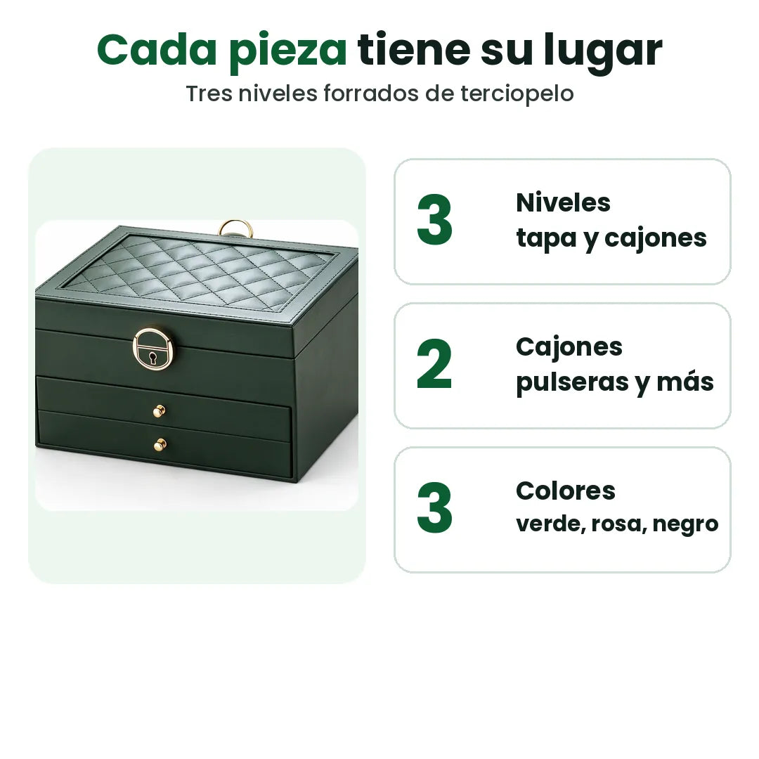 Joyero de tres niveles con 2 cajones en verde, rosa y negro
