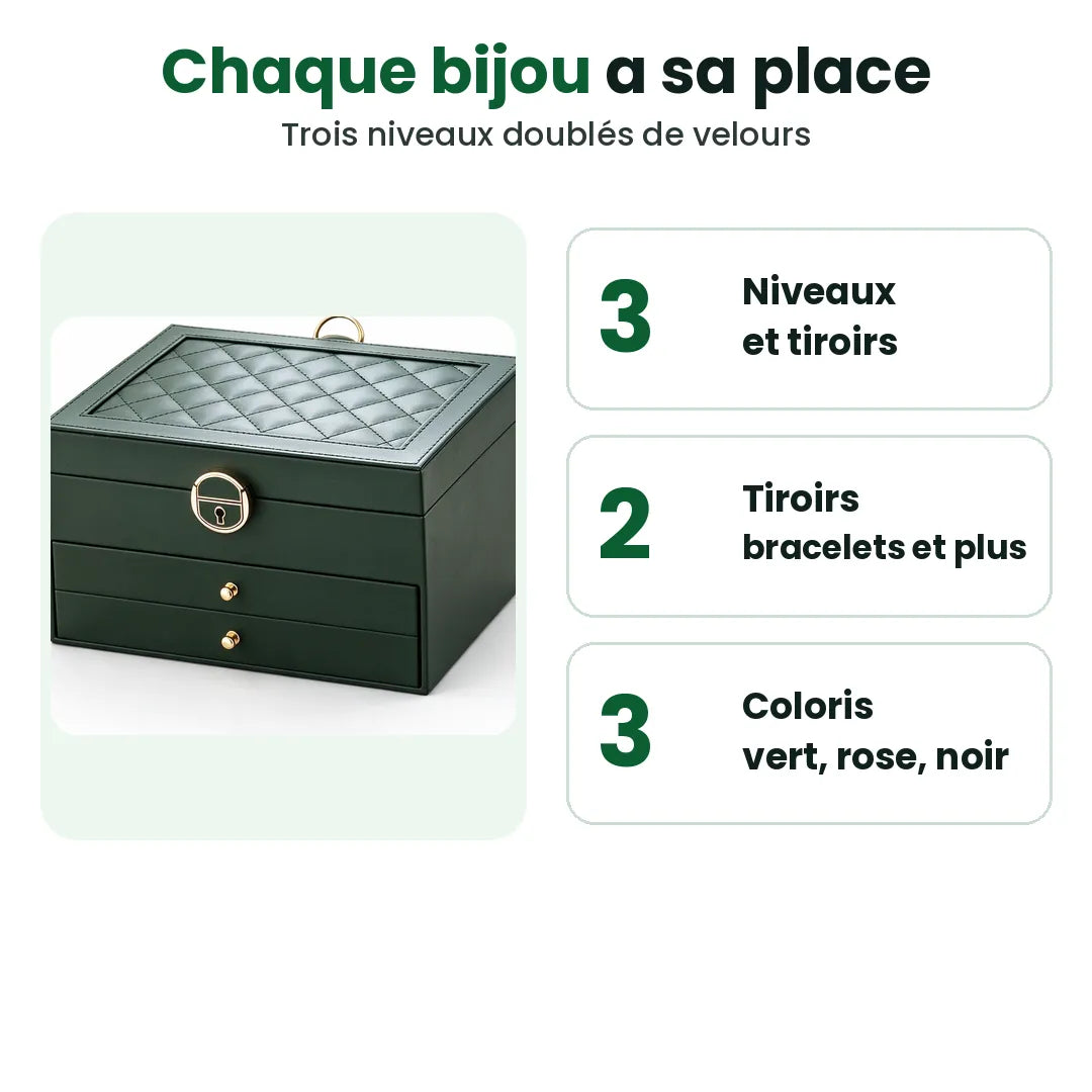 Boîte à bijoux à trois niveaux avec 2 tiroirs, vert, rose et noir
