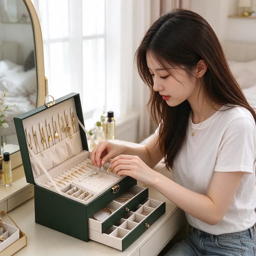 Young woman choosing earrings from a large jewelry box on her dressing table