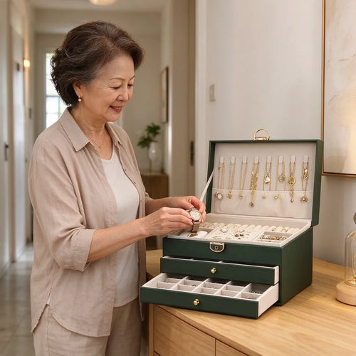 Woman putting her watch into a three-layer jewelry box with drawers on a console table