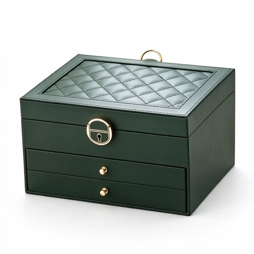 Dark green three-layer jewelry box with quilted lid, gold lock and two drawers on white