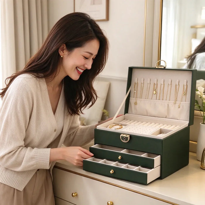 Smiling woman looking at her organized jewelry in an open green jewelry box