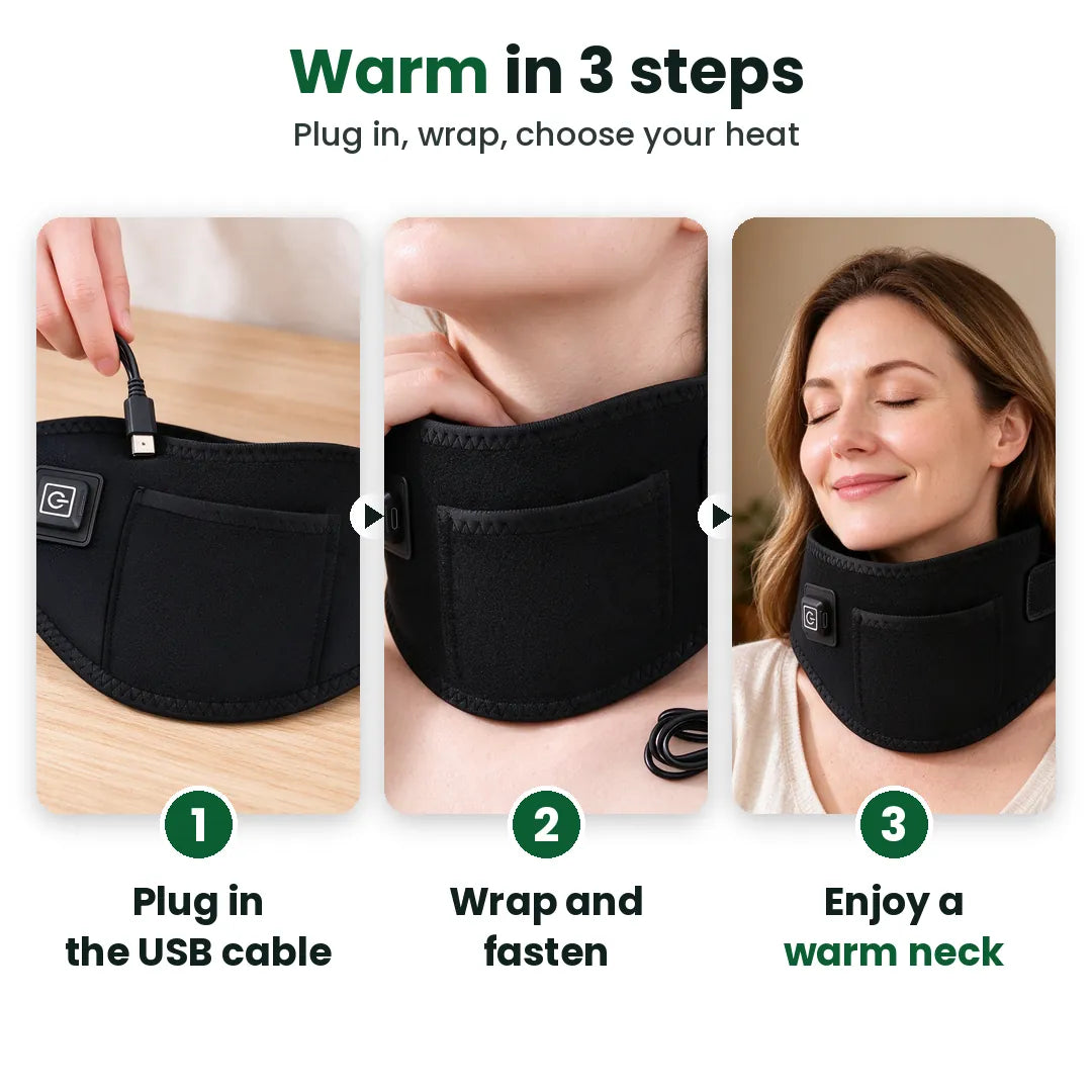 Three steps: plug in, wrap, enjoy a warm neck