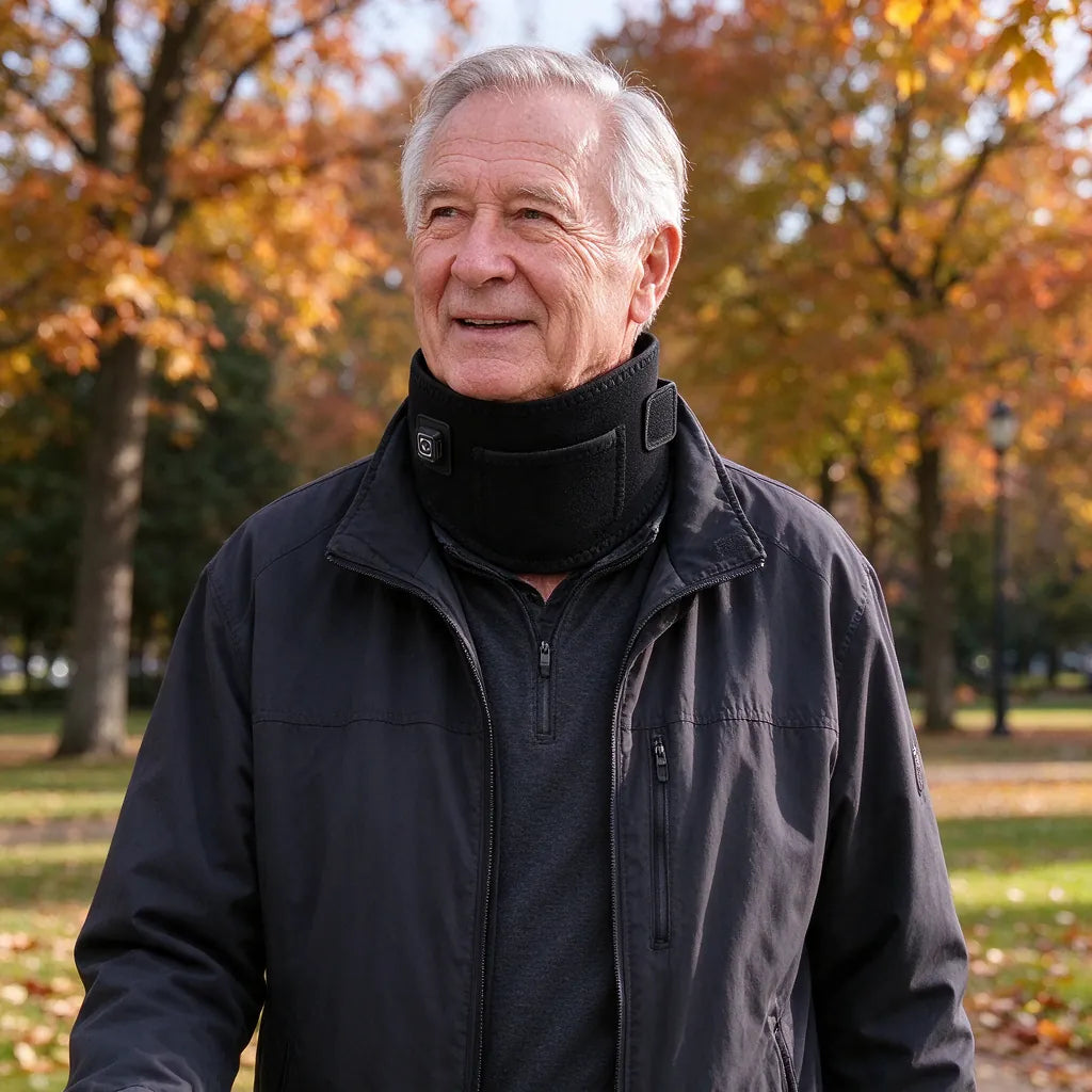 Older man outdoors in autumn wearing a black neck warmer