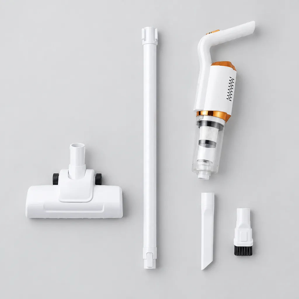 Cordless stick vacuum cleaner parts laid out: floor head, tube, handheld motor unit, crevice nozzle and brush