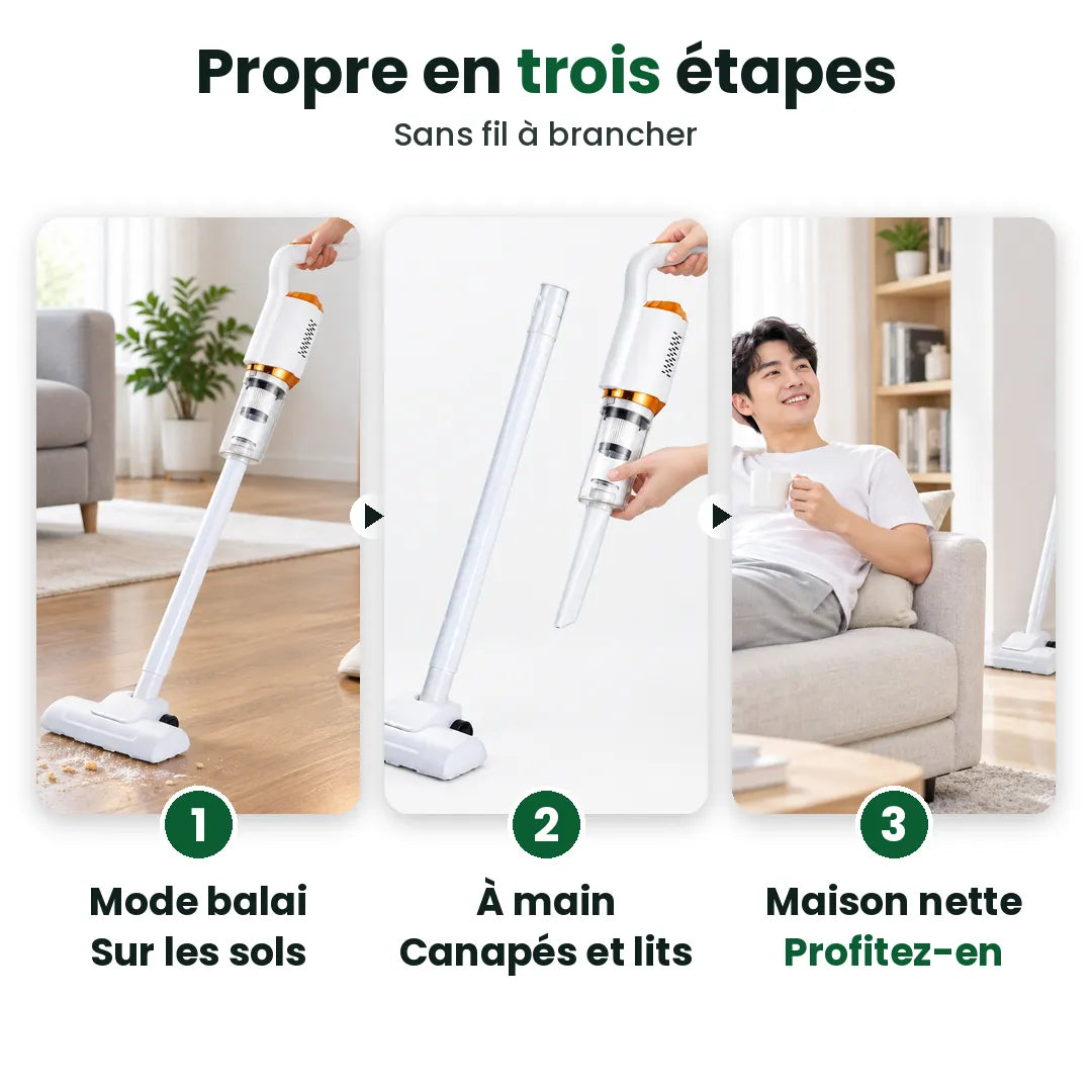 Trois étapes avec un aspirateur sans fil : mode balai, mode à main, maison nette