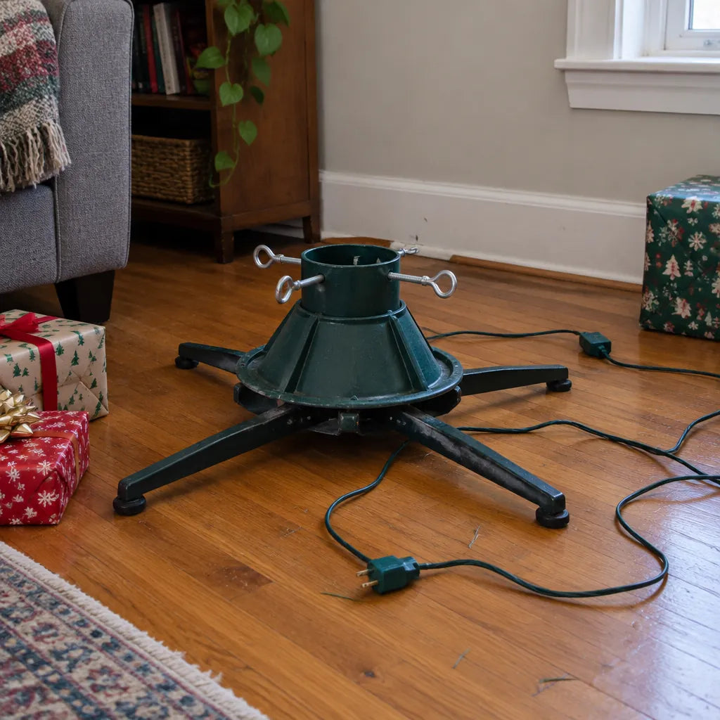 Pied de sapin de Noël nu avec des fils sur un plancher en bois