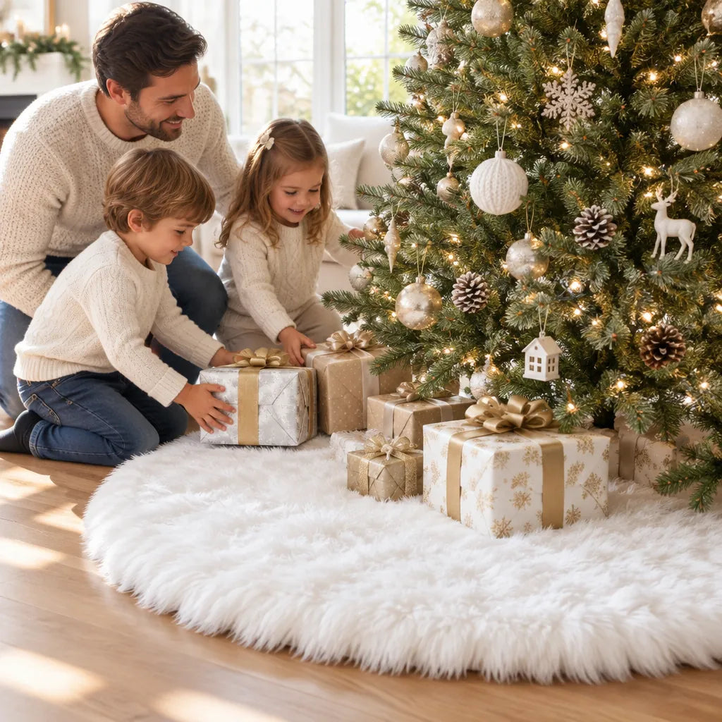 Father and two children placing gifts on a white xmas tree skirt under the Christmas tree
