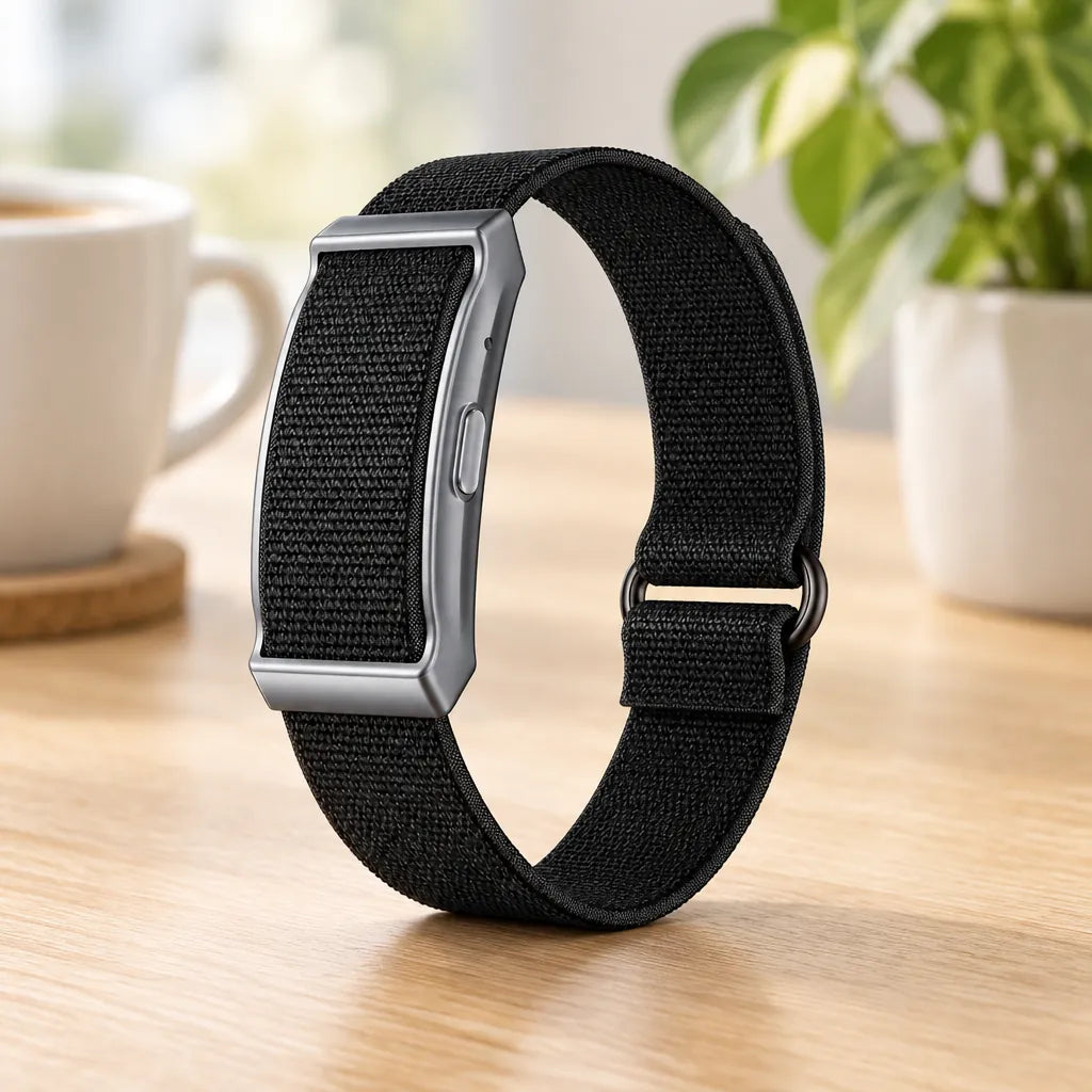 Fitness band standing on an oak table, showing the side button and D-ring adjuster