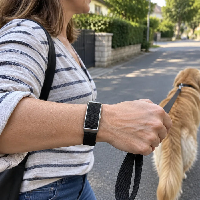 Woman walking her dog with a step counter band on her wrist
