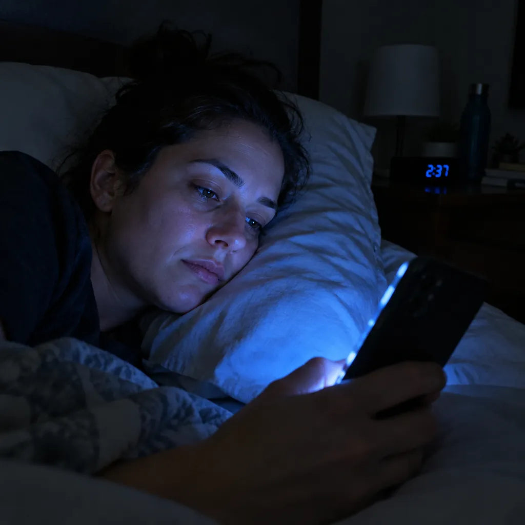 Woman in bed at night checking a bright phone screen full of alerts