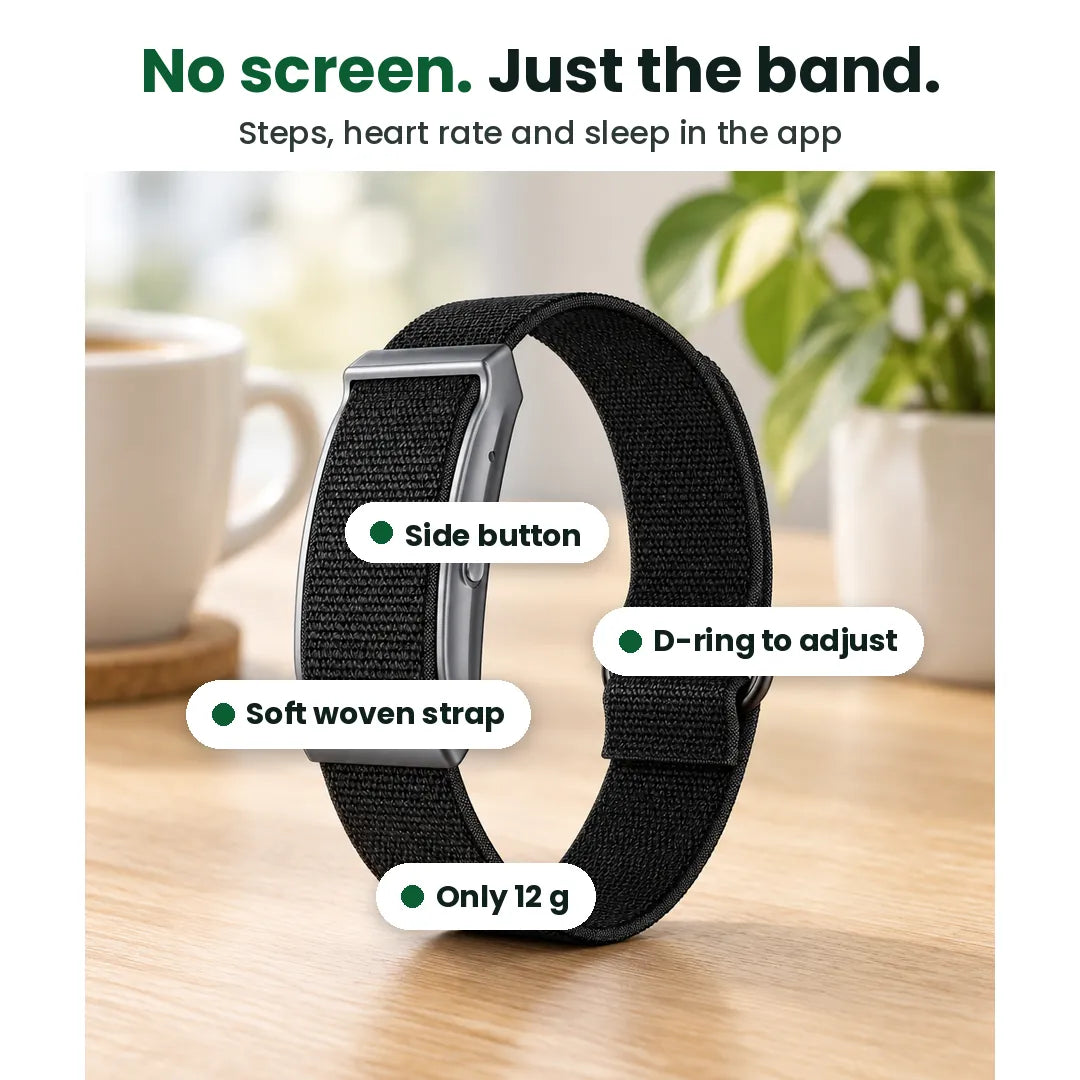 Screenless fitness tracker with woven strap, side button and D-ring, labeled