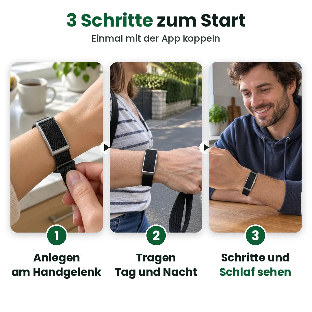 Drei Schritte mit dem Schrittzähler: anlegen, tragen, Schritte und Schlaf sehen