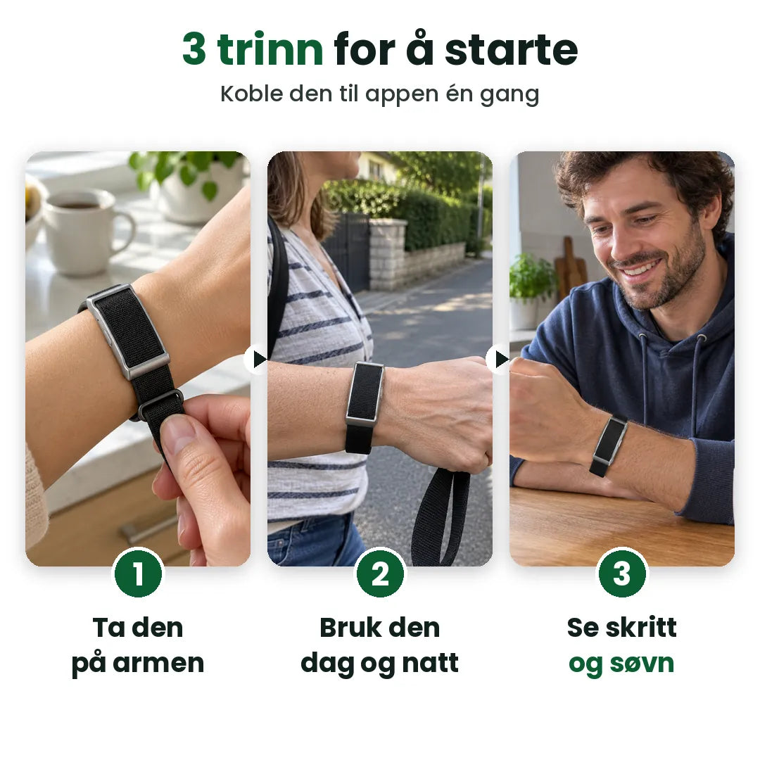 Tre trinn med skrittelleren: ta den på, bruk den, se skritt og søvn