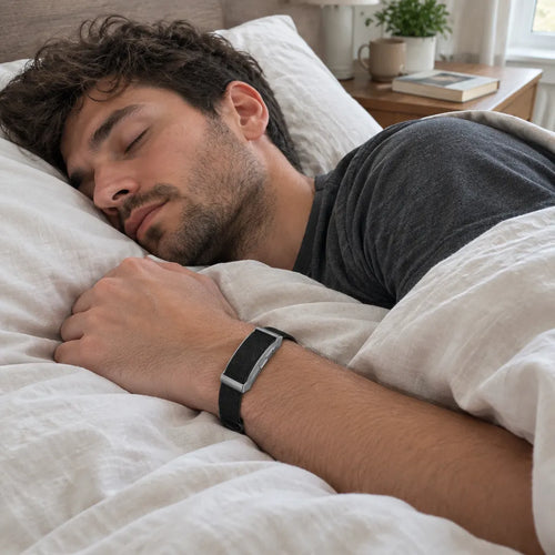Man asleep in bed at dawn wearing a sleep tracker band on his wrist