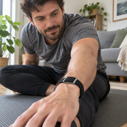 Man stretching on a yoga mat at home wearing a wearable fitness tracker