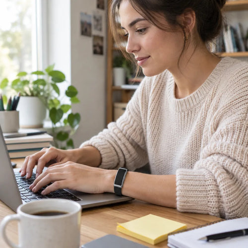 Young woman typing at her desk with a screenless fitness tracker on her wrist