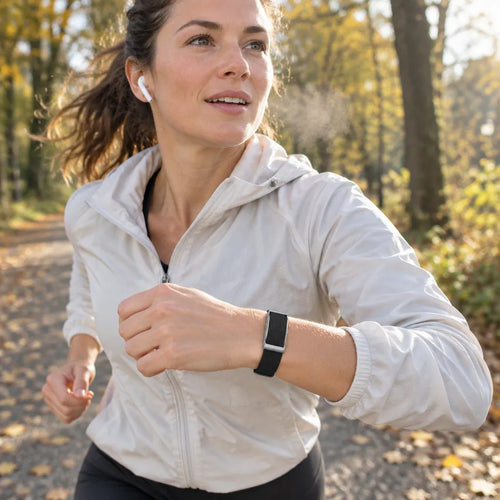 Woman jogging in an autumn park wearing a step tracker on her wrist
