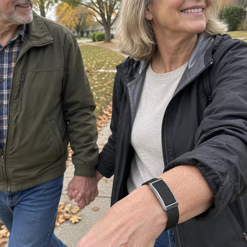 Couple in their 60s walking on a leafy street, she wears an activity tracker