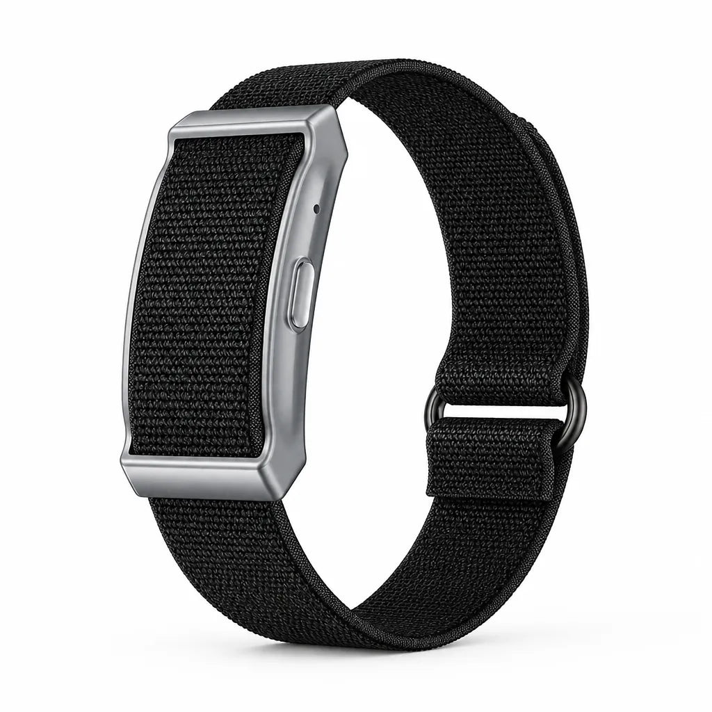 Screenless fitness tracker band with black woven strap and silver frame on white