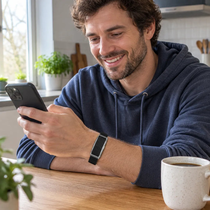 Smiling man checking his phone at breakfast, wearing a fitness tracker band