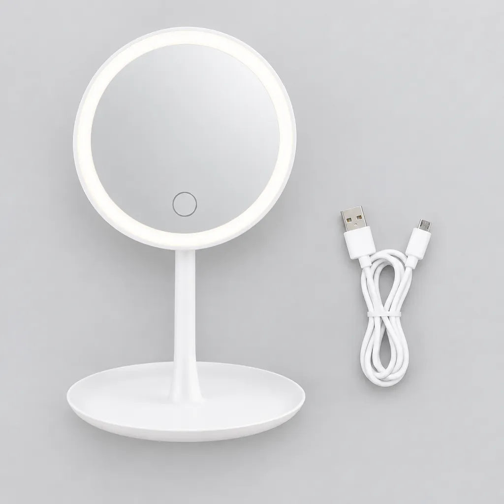 White LED makeup mirror with lights and a USB charging cable on a grey surface
