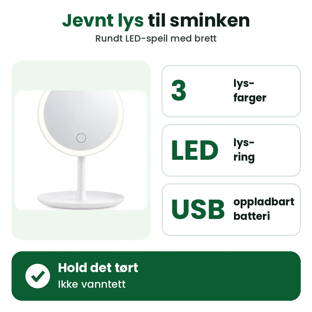 Sminkespeil med lys: tre lysfarger, LED-ring og oppladbart USB-batteri