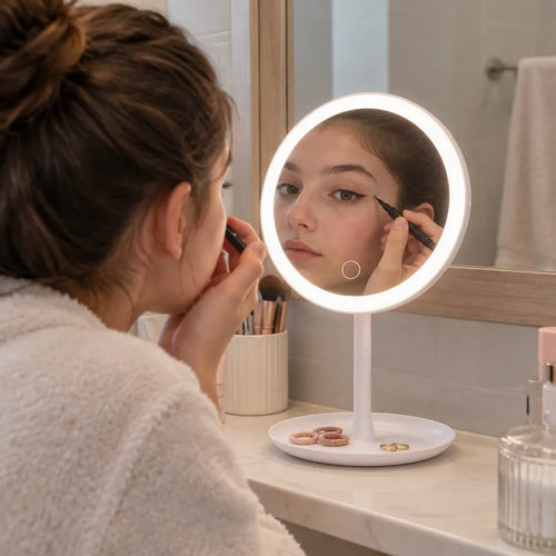 Jente som setter på eyeliner på badet med et rundt sminkespeil med lys