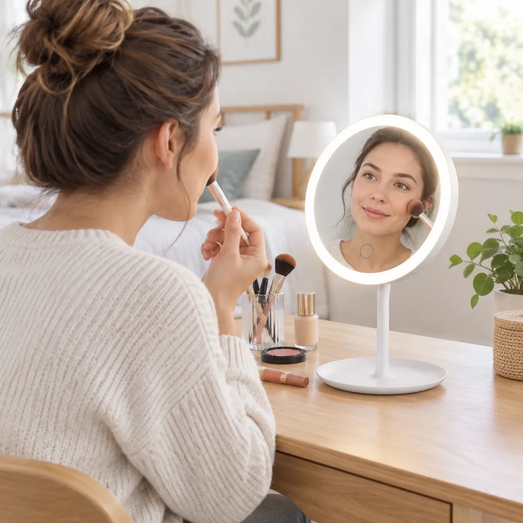 Woman doing her makeup at a bedroom vanity with an LED makeup mirror with lights