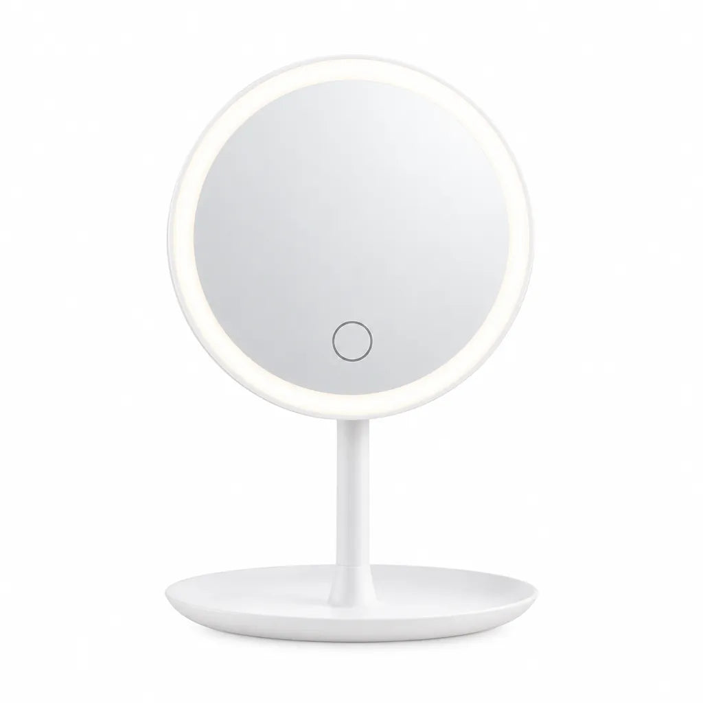 White round LED makeup mirror with lights on a stand with a storage tray