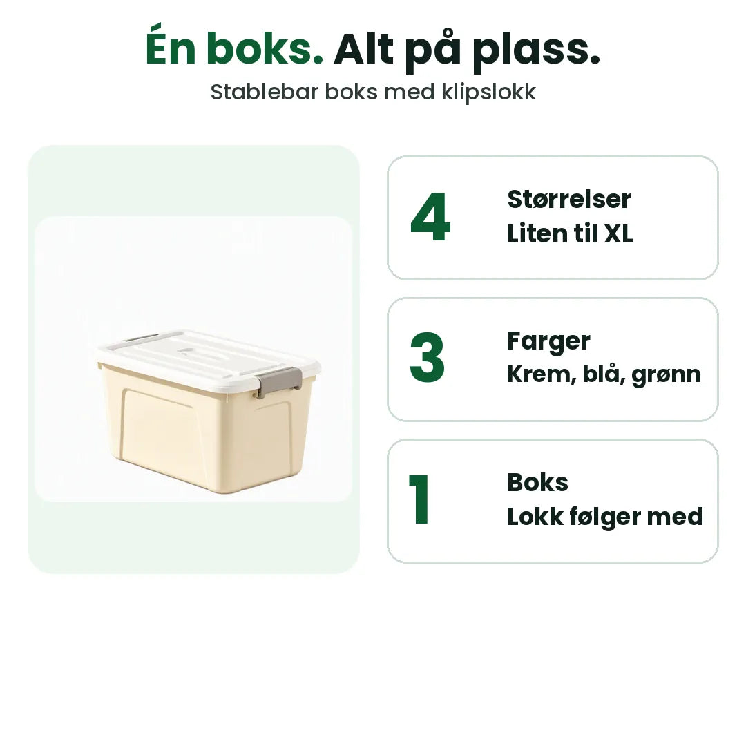 Stablebar oppbevaringsboks med lokk i fire størrelser og tre farger