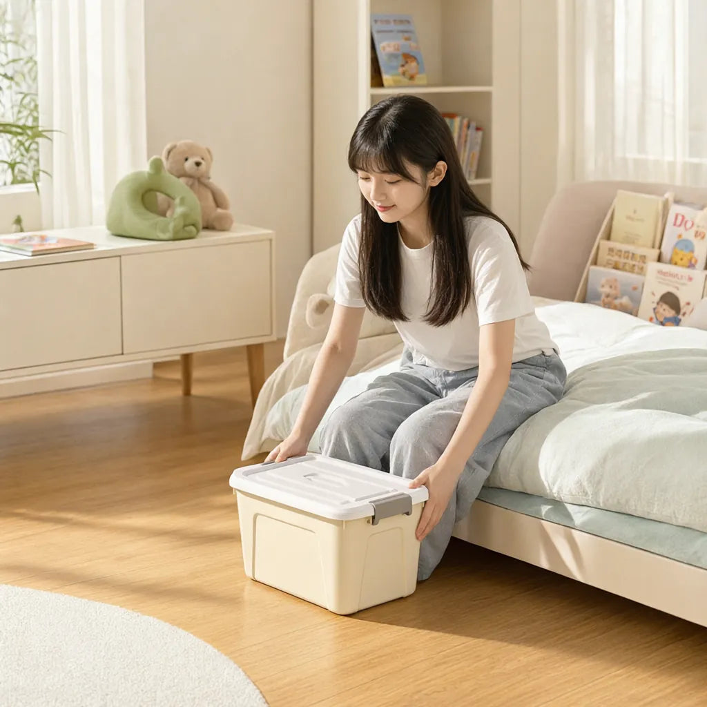 Girl sliding a cream storage box with lid under a bed in a kids room