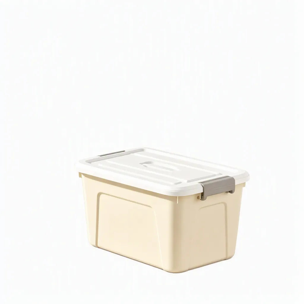 Cream stackable storage box with white lid and grey snap latches on a white background