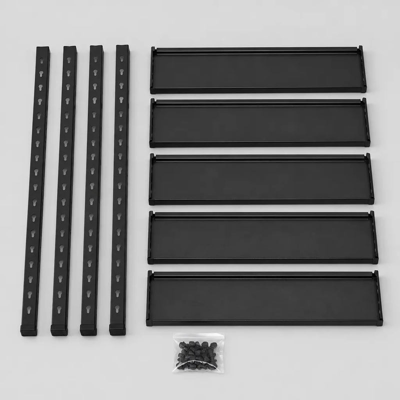 Four posts, five shelf panels and a bag of fittings laid out on a grey surface