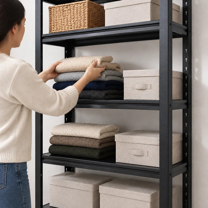 Woman stacking folded sweaters and boxes on a black metal storage shelf