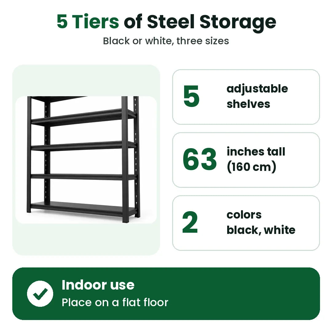Five adjustable steel shelves, 63 inches tall, in black or white storage shelf unit