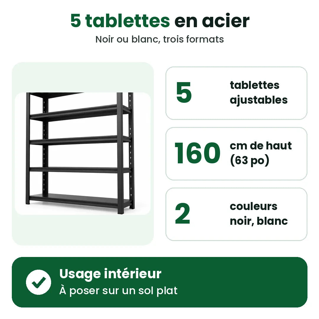 Étagère de rangement à 5 tablettes ajustables en acier, 160 cm de haut, noire ou blanche