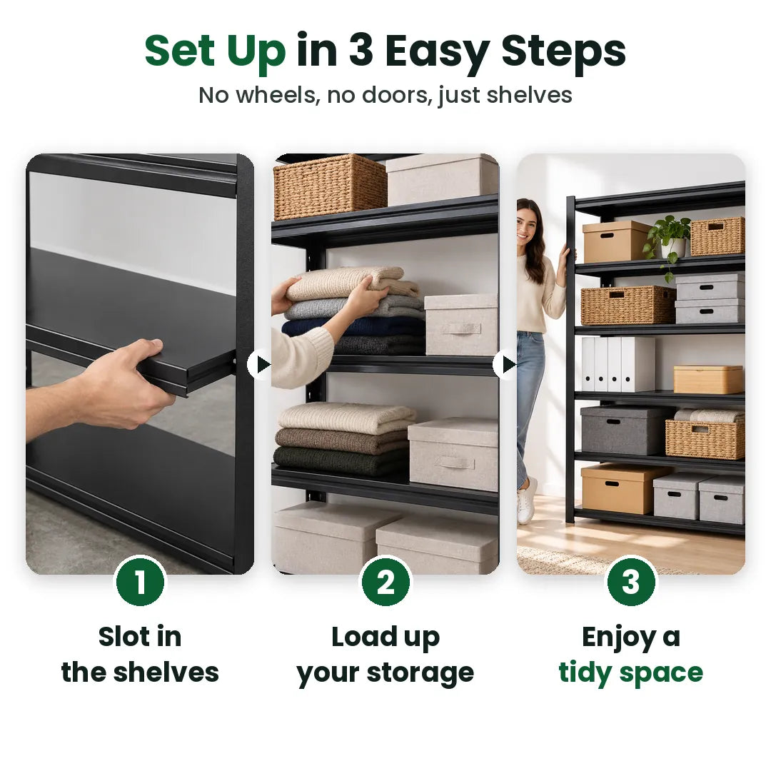 Three steps to set up a metal storage shelf unit: slot in, load up, enjoy