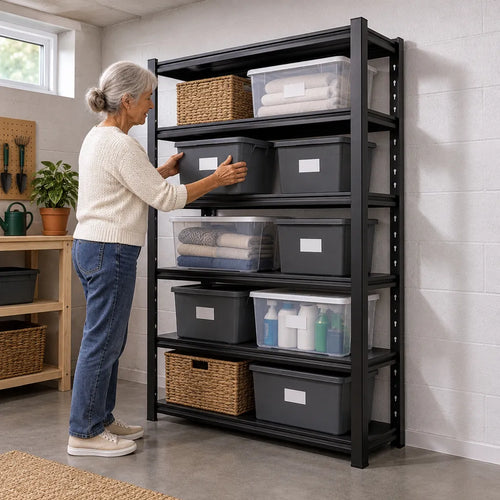 Older woman putting labeled bins on a metal basement shelving unit