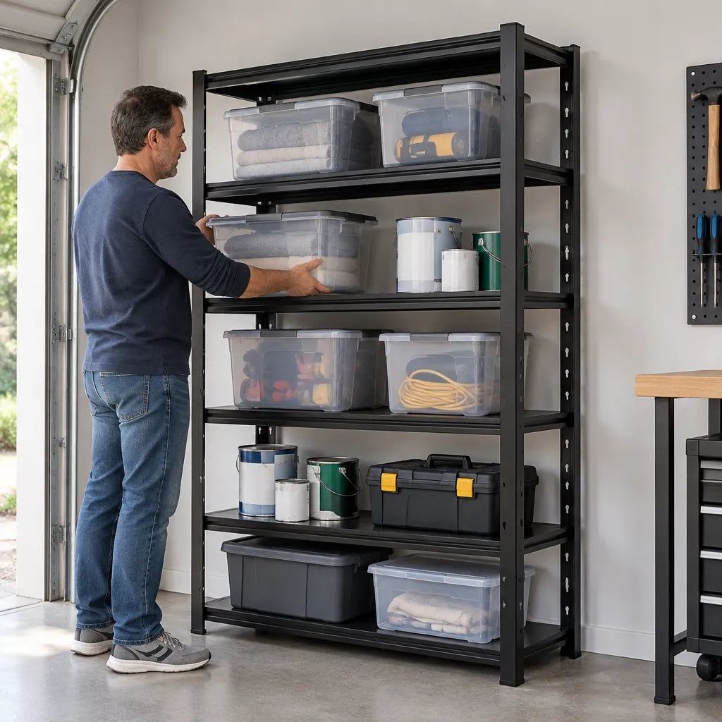 Man putting storage bins and paint cans on a metal garage shelving unit