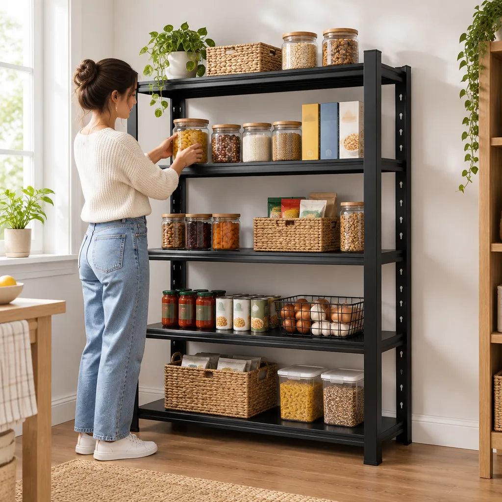 Woman arranging jars and food boxes on a black metal pantry shelf unit