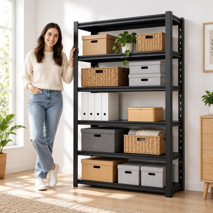 Smiling woman beside a tidy black 5-tier metal storage shelf unit full of boxes