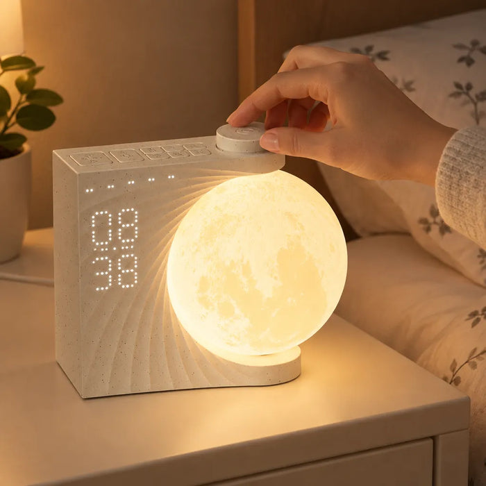 Hand turning the dial of a sunrise alarm clock moon lamp to set the wake up time