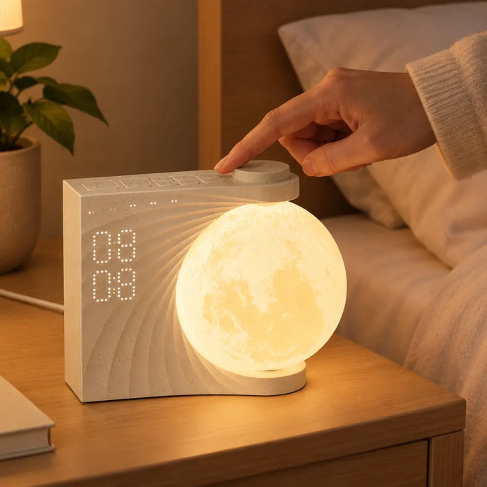 Finger pressing the buttons of a moon light alarm clock to choose light and sound