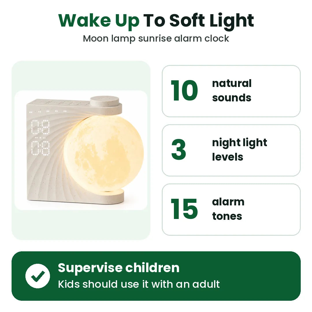 Wake up light alarm clock with 10 natural sounds, 3 night light levels and 15 alarm tones