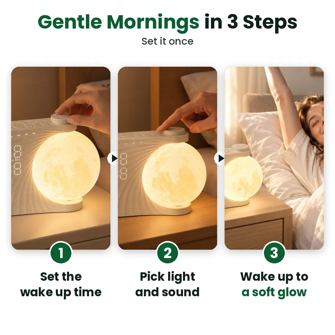 Three steps to set a sunrise lamp alarm clock and wake up to a soft glow