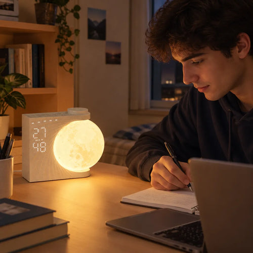 Student studying at a desk with a glowing moon lamp alarm clock beside him