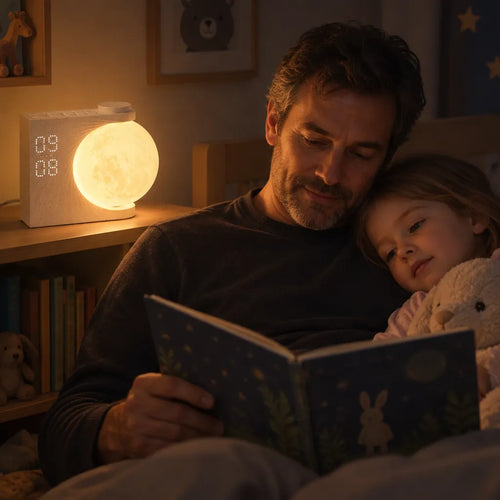 Father reading to a child in a dim room lit by a moon night light alarm clock