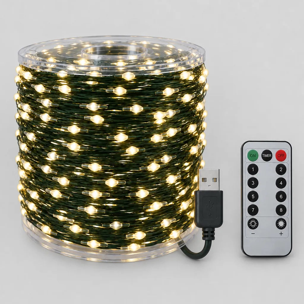 LED string lights on a reel with a USB plug and remote control, flat lay