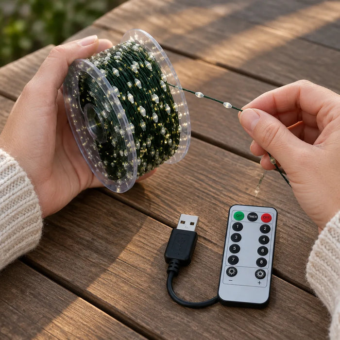Mains qui déroulent une guirlande lumineuse LED d'une bobine sur une terrasse en bois